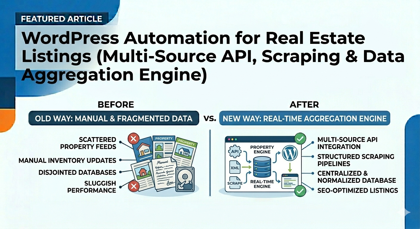 WordPress Automation for Real Estate Listings (Multi-Source API, Scraping & Data Aggregation Engine)